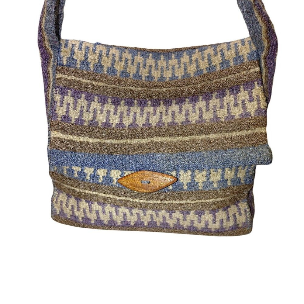 Handwoven Wool Shoulder Bag Blue White Brown Stripes Wood Button Closure Vintage